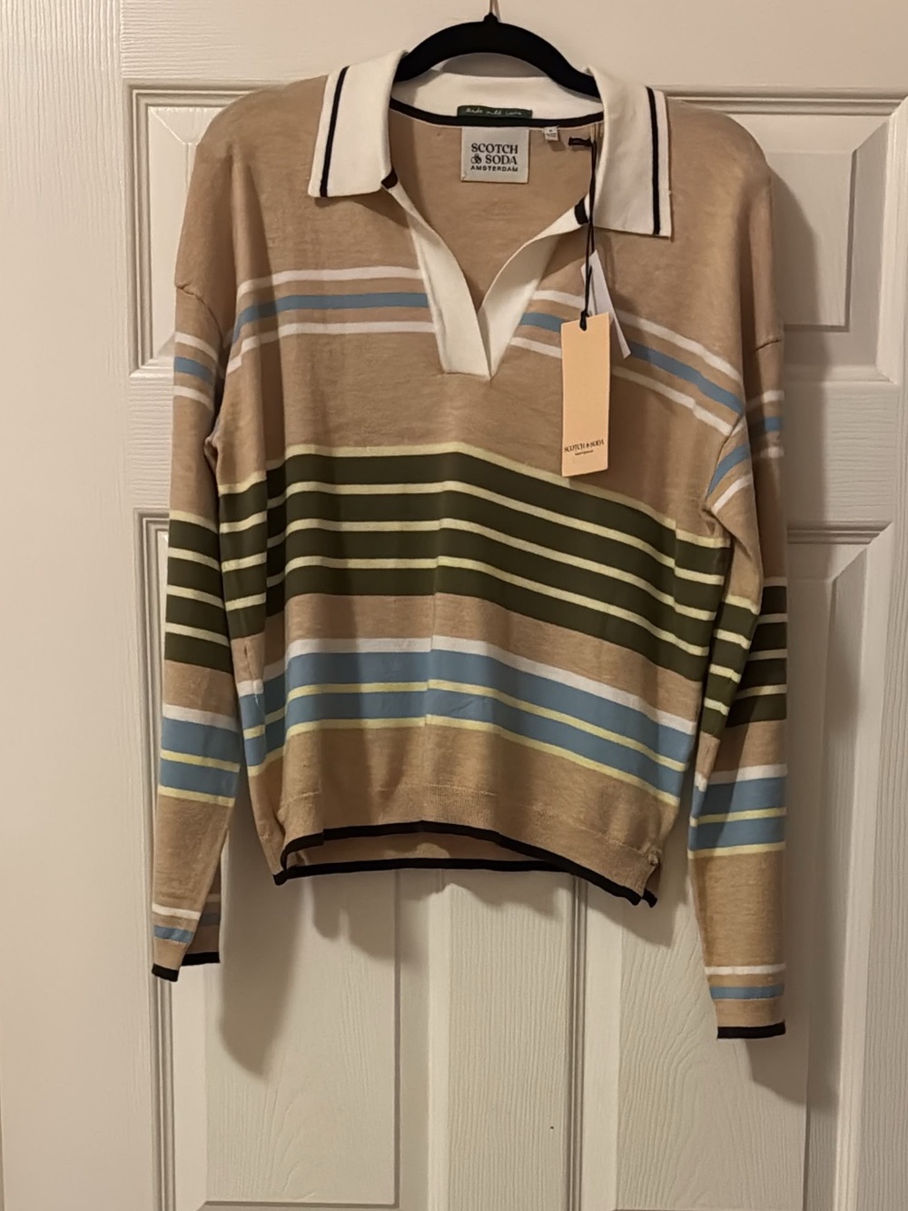Scotch & Soda Beige Striped V‑Neck Polo Sweater with Green & Light Blue Stripes
